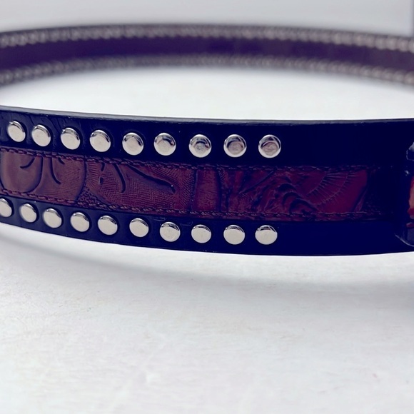 Vintage Terry Stack Italian Tooled Studded Leather Belt Silver Buckle 1998 main image 8